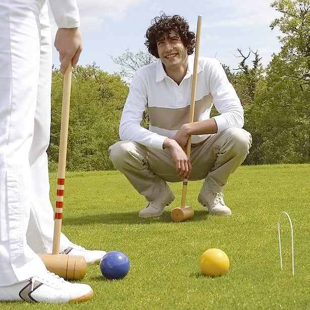 Outdoor fun with a six player croquet set.