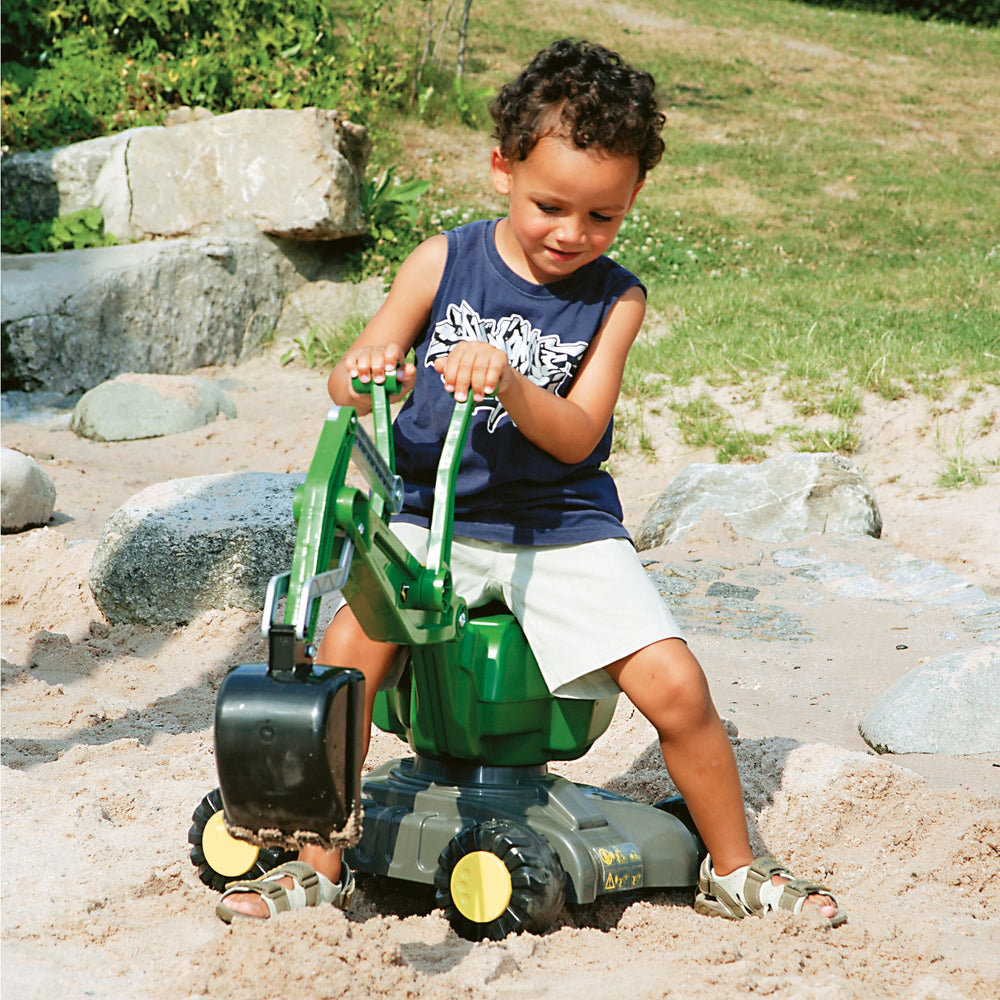 The John Deere digger ride-on is great! All kids love digging in the dirt! Why not give them a big shovel? The item features a realistic mechanism using two hand operated levers allowing material to be scooped up and deposited else ware. It has an automatic locking arm. The Digger can spin 360 degrees on its base which has four sturdy wheels that allow it to move along like a foot to floor toy.
