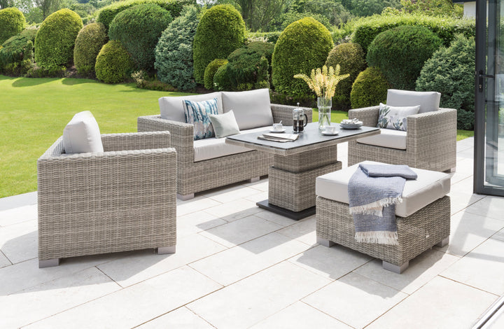 The Aya collection is recognized for its outstanding seating comfort. The seat height and  cushion thickness make it ideal for both lounging and dining. The coordinating table can be easily adjusted from a low coffee table (19”) to a fully functional dining table (29”) and any height in between.