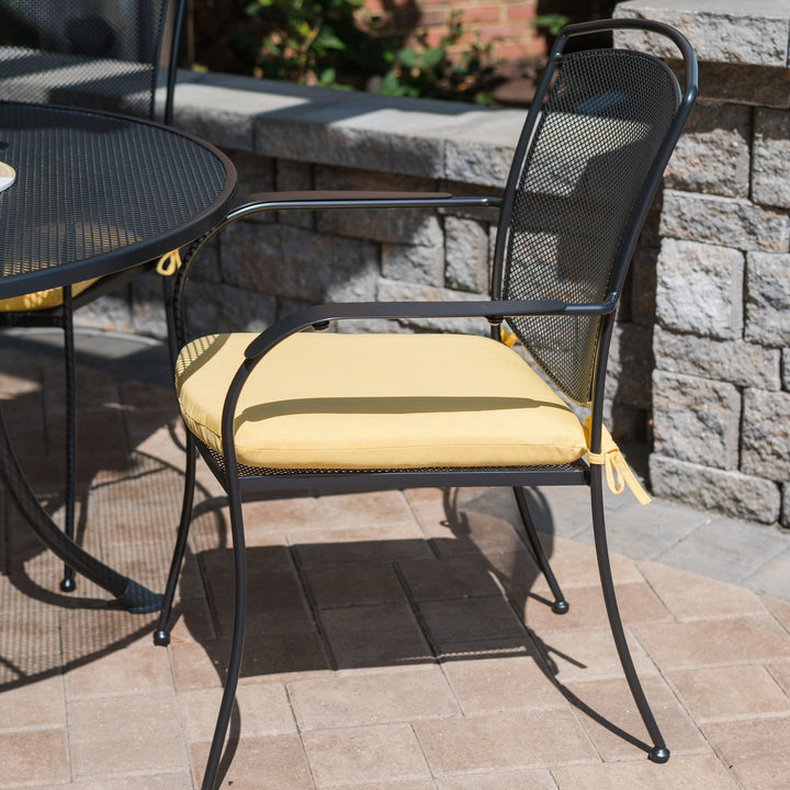 Wrought iron henly chair close up with cushion