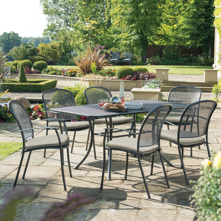 The Kettler Caredo collection is an elegant collection of steel mesh dining products that is at home in any outdoor setting. The Caredo features a comfortable seating position thanks to it's ergonomic curved back and seat. Kettler's Electrotherm™ finish of the Caredo gives the furniture a classic look for traditional gardens while still protecting the furniture from the elements.