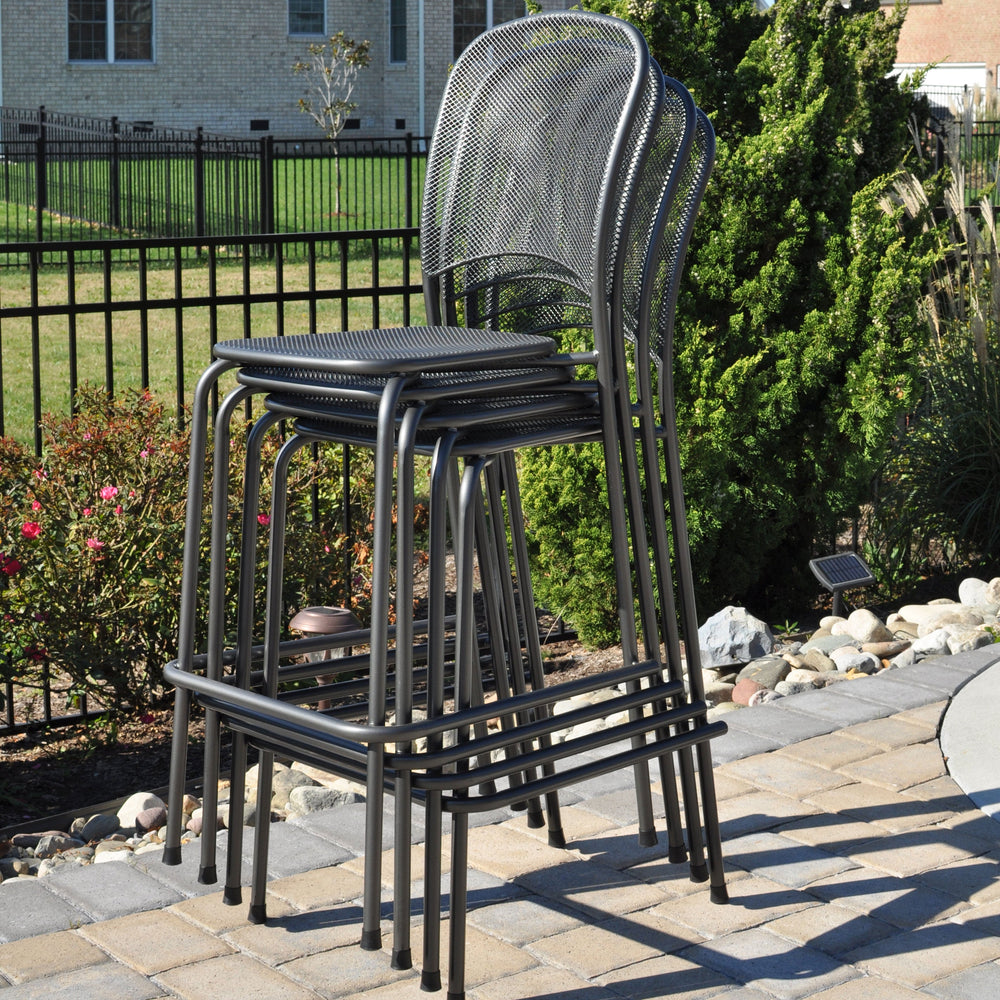 Carlo is compact, but offers plenty of full-size comfort! The ergonomically shaped seats and backs constructed of fine metal mesh provide well-ventilated seating that dries in no time after a rain shower. Whether dining or bar these matching chairs are ideal for both backyard entertaining or commercial settings.