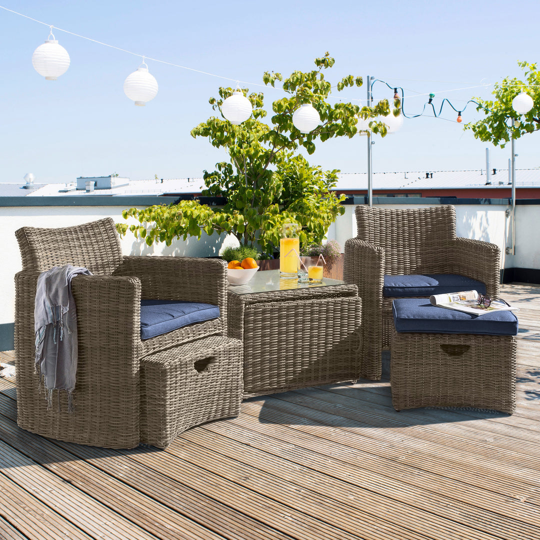 The handwoven wicker Cupido Set combines all the comfort of a luxurious lounge set without the large footprint.