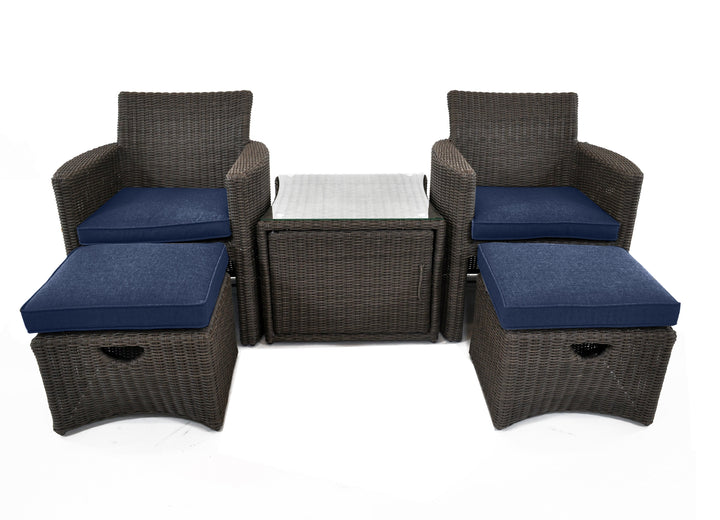 The handwoven wicker Cupido Set combines all the comfort of a luxurious lounge set without the large footprint.