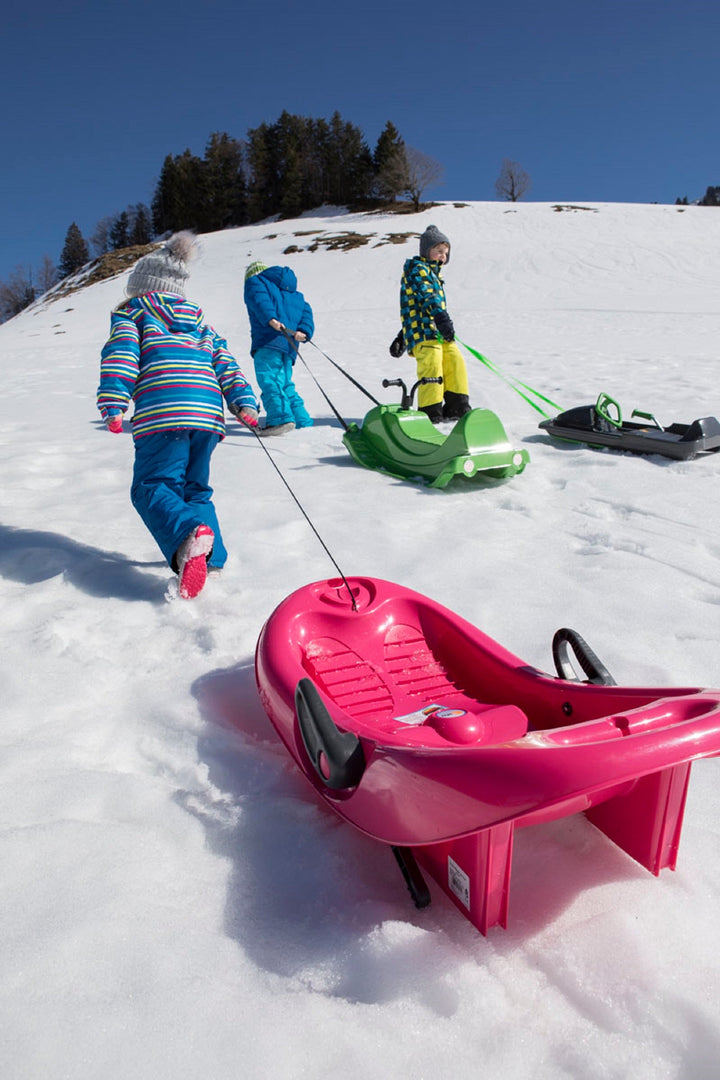 lifestyle image of three children towing made in germany sleds 