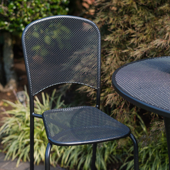 Carlo is compact, but offers plenty of full-size comfort! The ergonomically shaped seats and backs constructed of fine metal mesh provide well-ventilated seating that dries in no time after a rain shower. Whether dining or bar these matching chairs are ideal for both backyard entertaining or commercial settings.