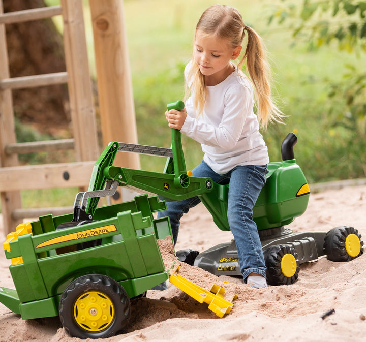 The John Deere digger ride-on is great! All kids love digging in the dirt! Why not give them a big shovel? The item features a realistic mechanism using two hand operated levers allowing material to be scooped up and deposited else ware. It has an automatic locking arm. The Digger can spin 360 degrees on its base which has four sturdy wheels that allow it to move along like a foot to floor toy.
