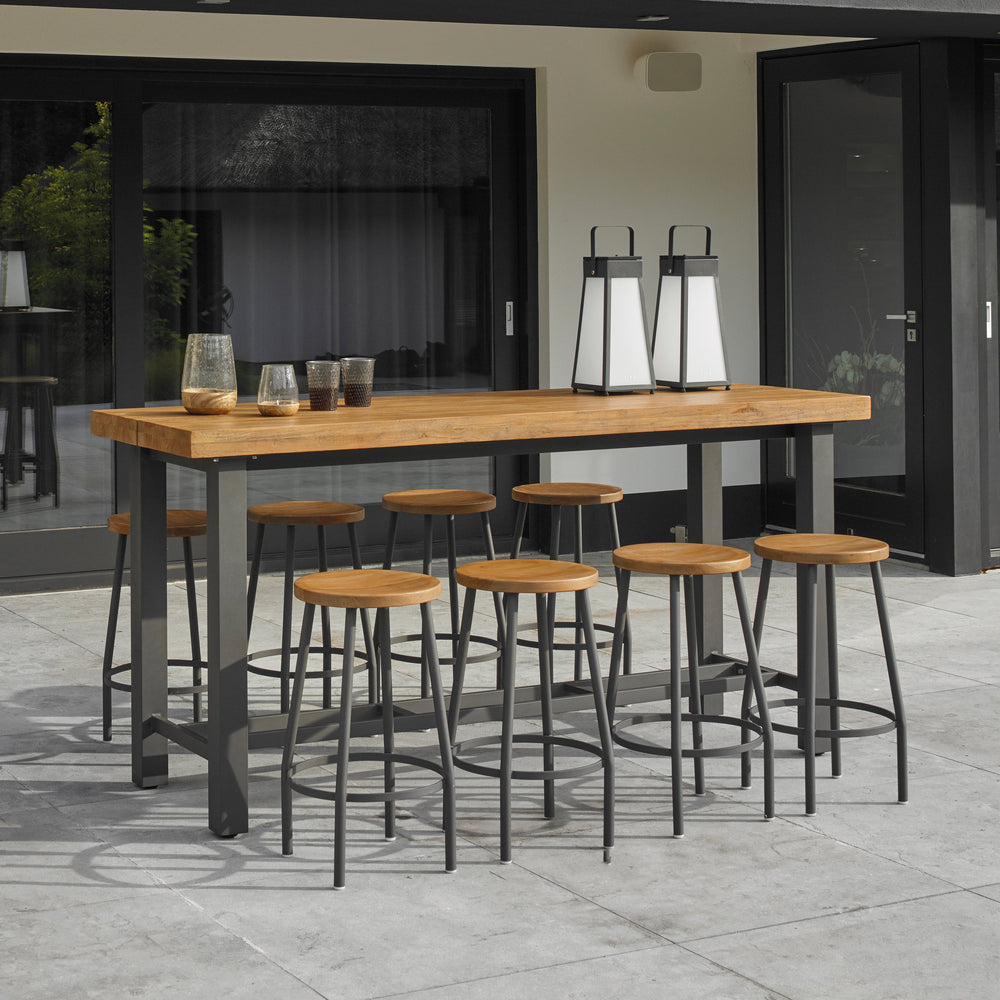 With its powder coated construction and 100% Indonesian SVLK certified teak tops, the Nevada Bar Set is a true work of art.  The combination of durable aluminum frame and warm robust teak gives it an eye-catching industrial look that will surely grab the attention of the most disconcerting critic.
