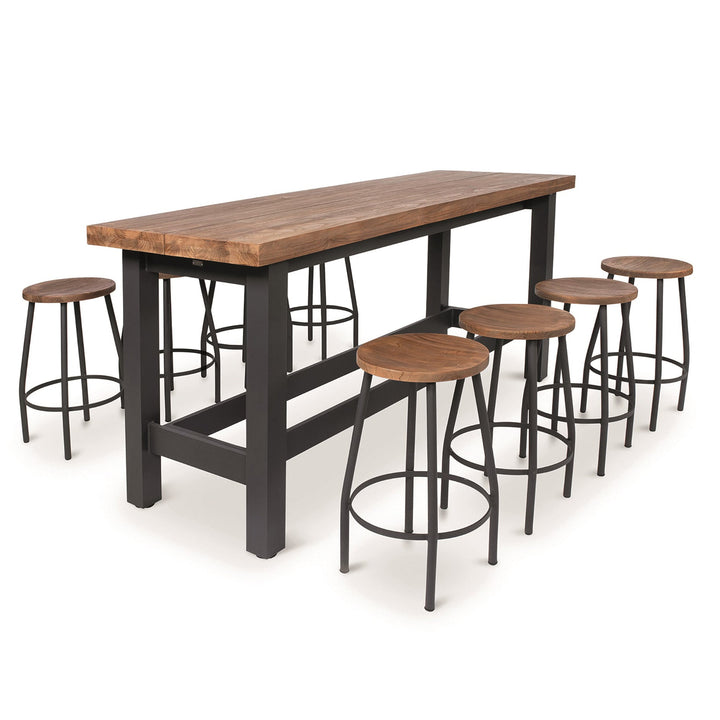 With its powder coated construction and 100% Indonesian SVLK certified teak tops, the Nevada Bar Set is a true work of art.  The combination of durable aluminum frame and warm robust teak gives it an eye-catching industrial look that will surely grab the attention of the most disconcerting critic.