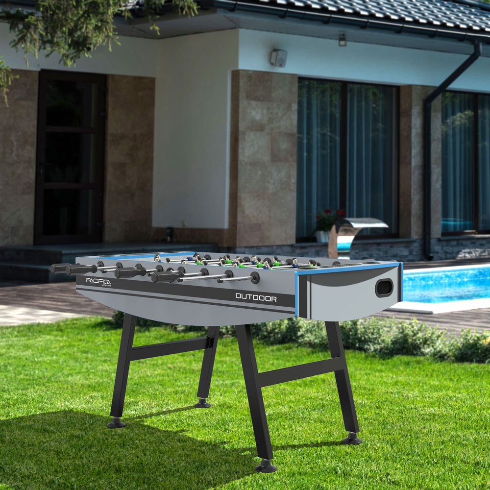 The STAG Iconic Pacifica Outdoor Foosball Table is fully weatherproof and loaded with counter-balanced, hand painted men having a realistic appearance and molded directly to the stainless steel play rods.