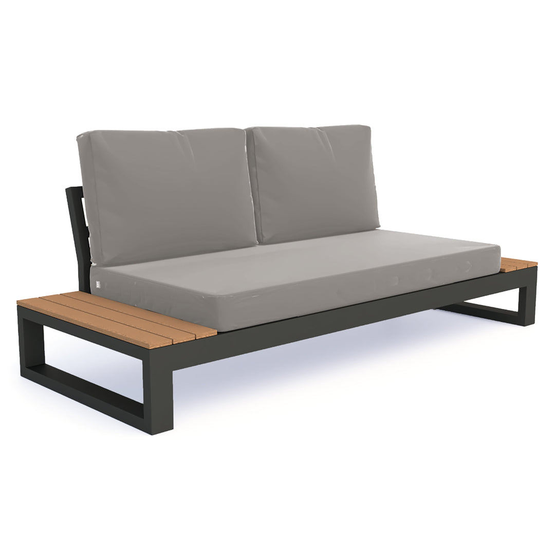 The fresh, laid-back style of the Soho Lounge Set is sure to transform your outdoor living space into a peaceful sanctuary. Share an evening of gathering and fun while relaxing in the open-ended loveseat with built in FSC certified teak end tables and ultra-comfortable all-weather cushions.
