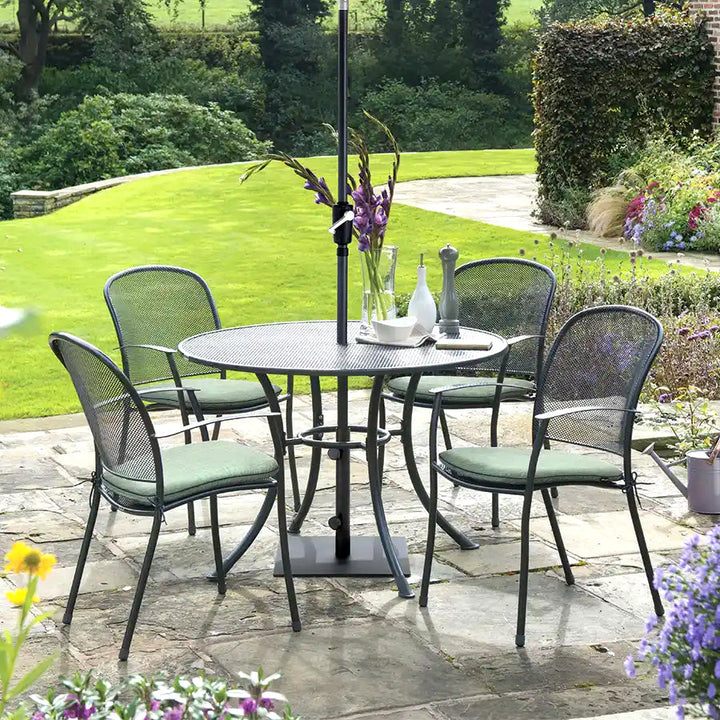 The Kettler Caredo collection is an elegant collection of steel mesh dining products that is at home in any outdoor setting. The Caredo features a comfortable seating position thanks to it's ergonomic curved back and seat. Kettler's Electrotherm™ finish of the Caredo gives the furniture a classic look for traditional gardens while still protecting the furniture from the elements.