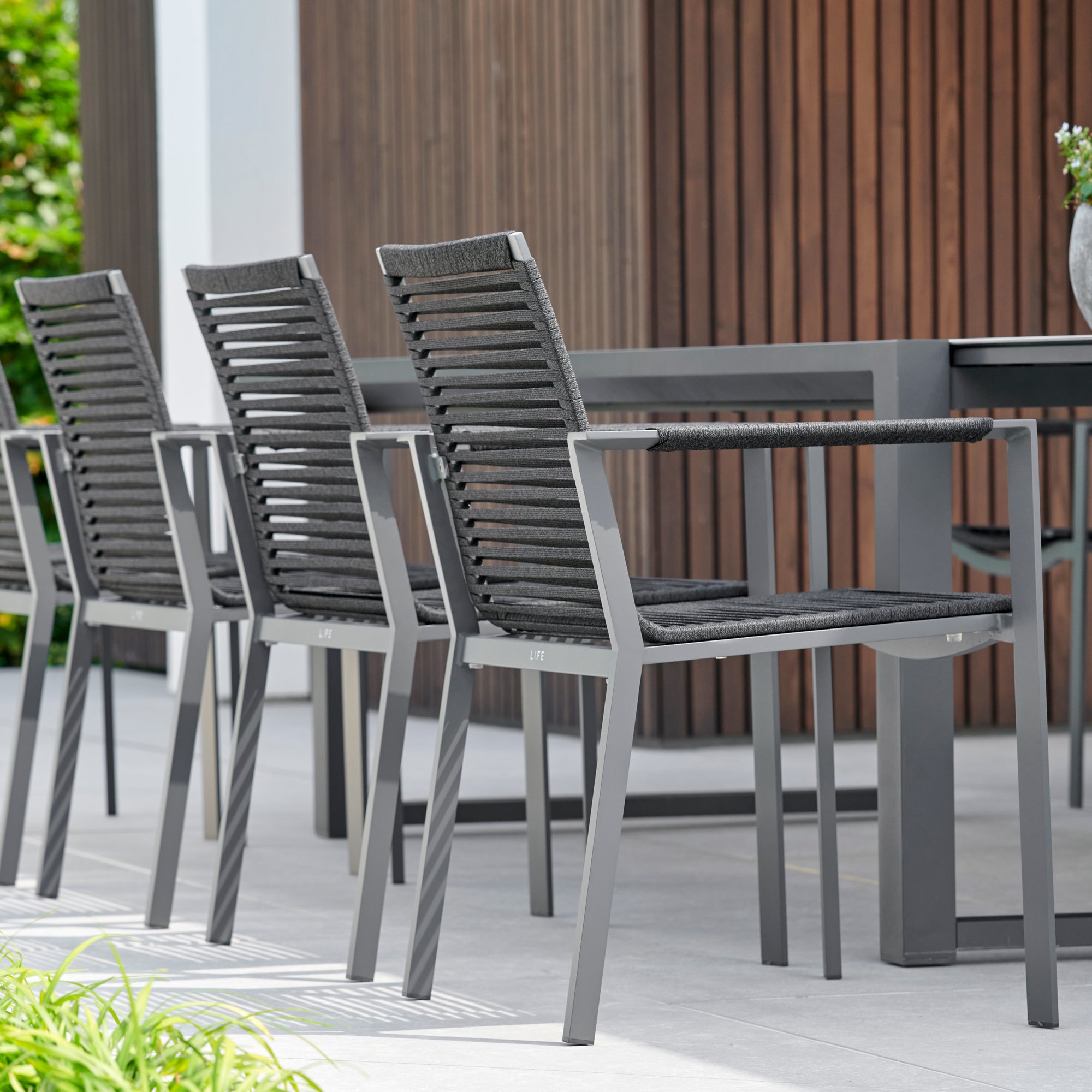Dining Chairs - Porto modern aluminum and rope stackable dining chairs