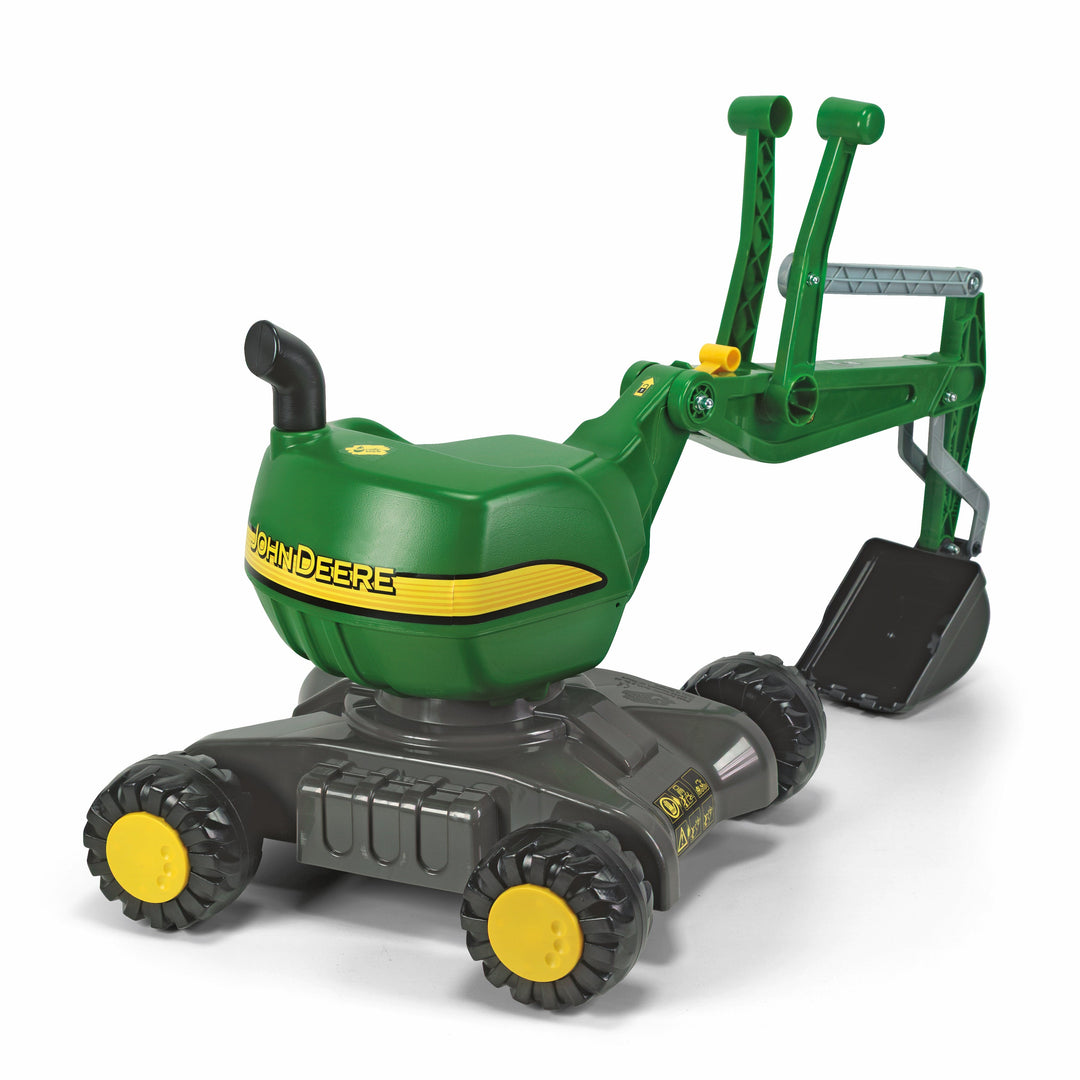The John Deere digger ride-on is great! All kids love digging in the dirt! Why not give them a big shovel? The item features a realistic mechanism using two hand operated levers allowing material to be scooped up and deposited else ware. It has an automatic locking arm. The Digger can spin 360 degrees on its base which has four sturdy wheels that allow it to move along like a foot to floor toy.
