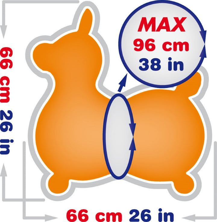 Size diagram of the Rody Max showing MAX center circumfance to be 96 cm, the max width 66 cm and the max height 66 cm.