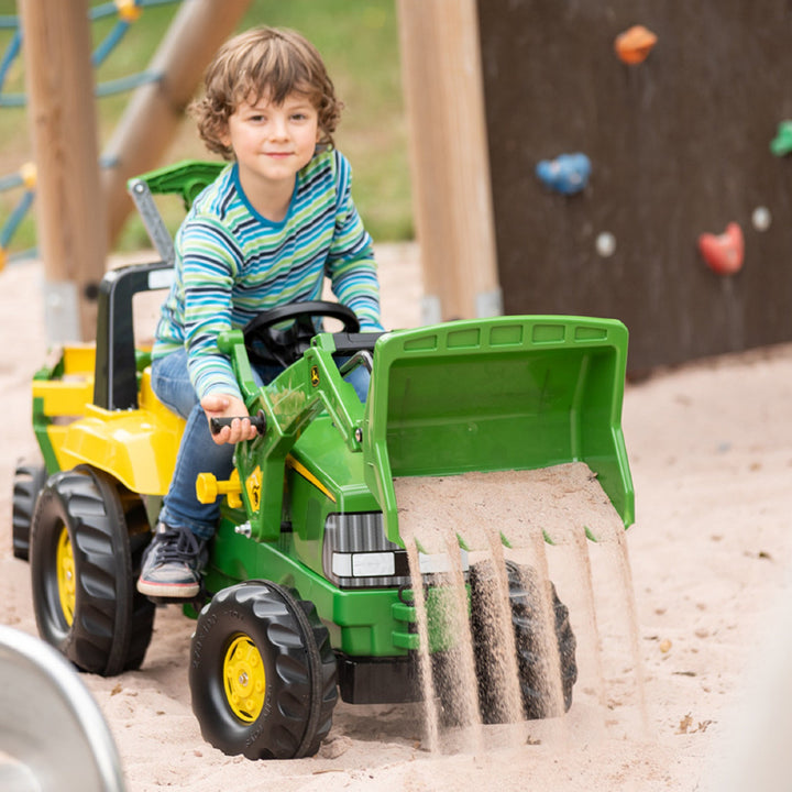 John Deere Backhoe Loader Tractor is a tough pedal tractor with a smooth finish. It comes complete with front loader and backhoe that can be raised and lowered, scooped and tipped using the levers. The oversized resin tires have long lasting rubber tread strip.