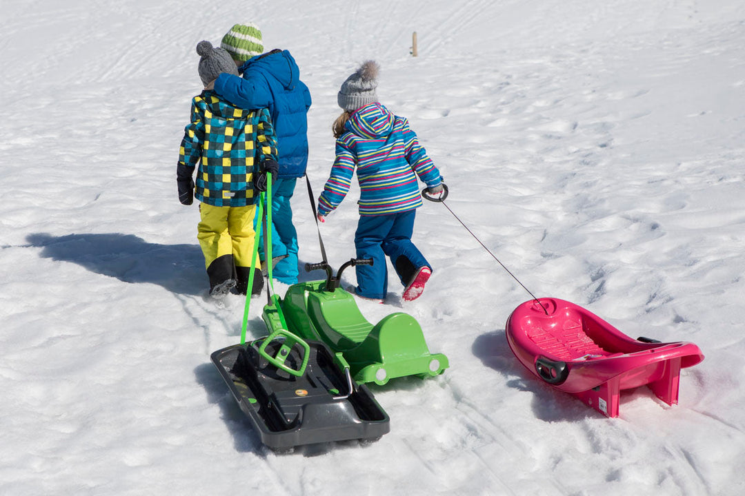 lifestyle picture of three children towing sleds 