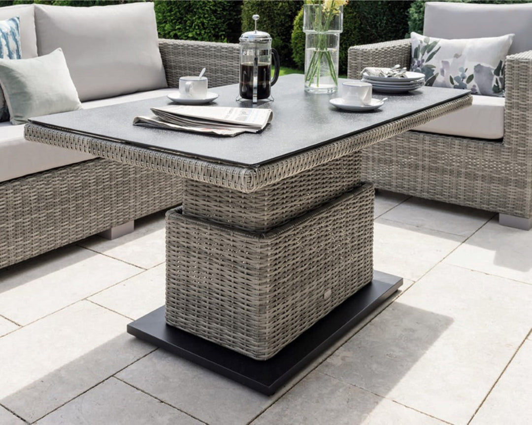 The Aya collection is recognized for its outstanding seating comfort. The seat height and  cushion thickness make it ideal for both lounging and dining. The coordinating table can be easily adjusted from a low coffee table (19”) to a fully functional dining table (29”) and any height in between.