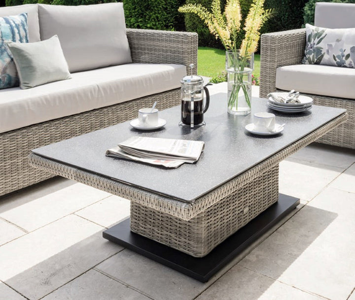 The Aya collection is recognized for its outstanding seating comfort. The seat height and  cushion thickness make it ideal for both lounging and dining. The coordinating table can be easily adjusted from a low coffee table (19”) to a fully functional dining table (29”) and any height in between.