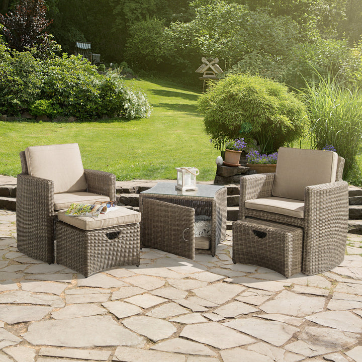 The handwoven wicker Cupido Set combines all the comfort of a luxurious lounge set without the large footprint.