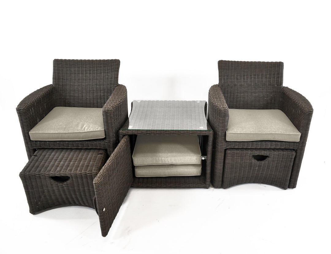 The handwoven wicker Cupido Set combines all the comfort of a luxurious lounge set without the large footprint.