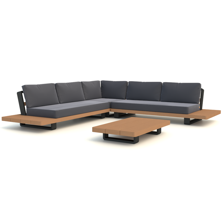 The Fitz Roy lounge set in teak is a beautiful warm blend of all natural, grade A, Indonesian certified robust teak wood on a strong lava aluminum frame combined with soft luxurious cushions.