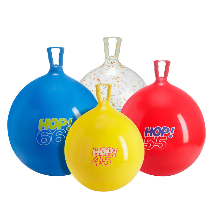 The Hop Ball is a dynamic toy, which promotes balance and coordination in children while providing a fun workout.