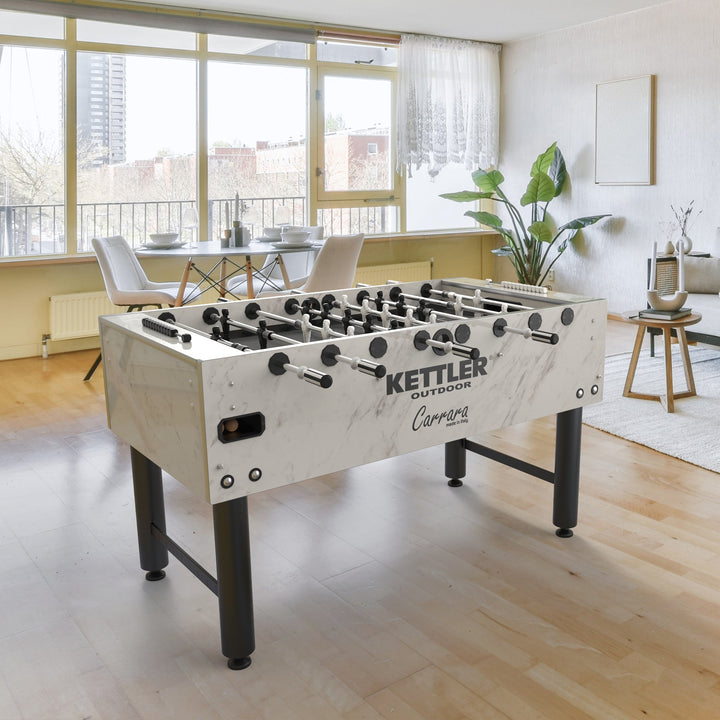 The KETTLER Carrara OUTDOOR Foosball Table is designed and manufactured in Italy, and is the perfect game table choice for both outdoor and indoor play.  This gorgeous table is rich in quality and features from handles with rubber inlay to an extremely durable and all weather KETT-TEC playfield.