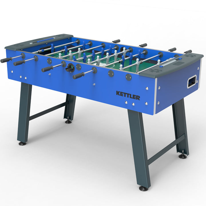 Angled view of blue foosball table with Ball Box