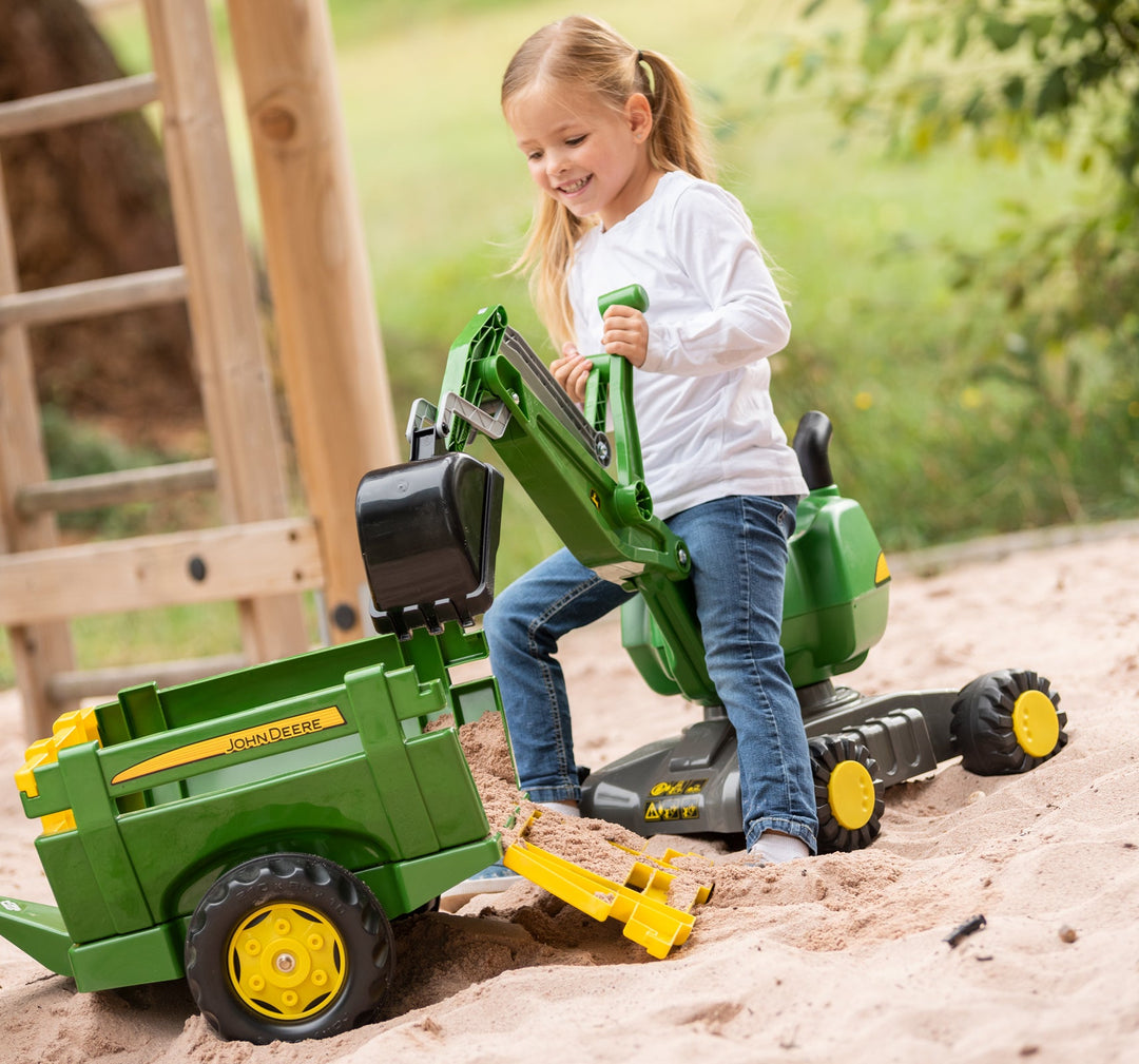 The John Deere digger ride-on is great! All kids love digging in the dirt! Why not give them a big shovel? The item features a realistic mechanism using two hand operated levers allowing material to be scooped up and deposited else ware. It has an automatic locking arm. The Digger can spin 360 degrees on its base which has four sturdy wheels that allow it to move along like a foot to floor toy.