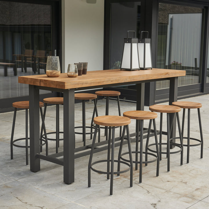 With its powder coated construction and 100% Indonesian SVLK certified teak top, the Nevada Bar Table is a true work of art.  The combination of durable aluminum frame and warm robust teak gives the Nevada bar table an eye-catching industrial look that will surely grab the attention of the most disconcerting critic. 