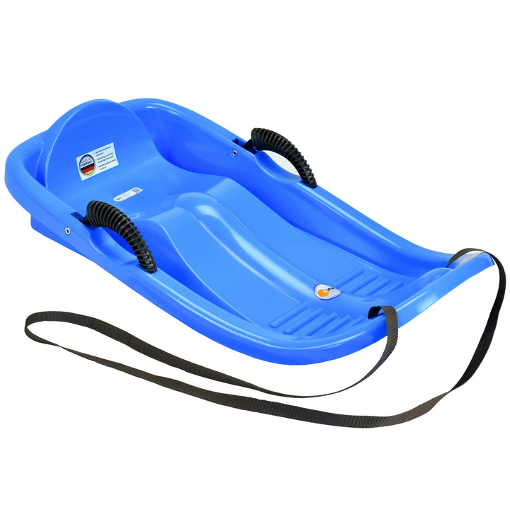 Snow sled in blue with black handles and carry strap 