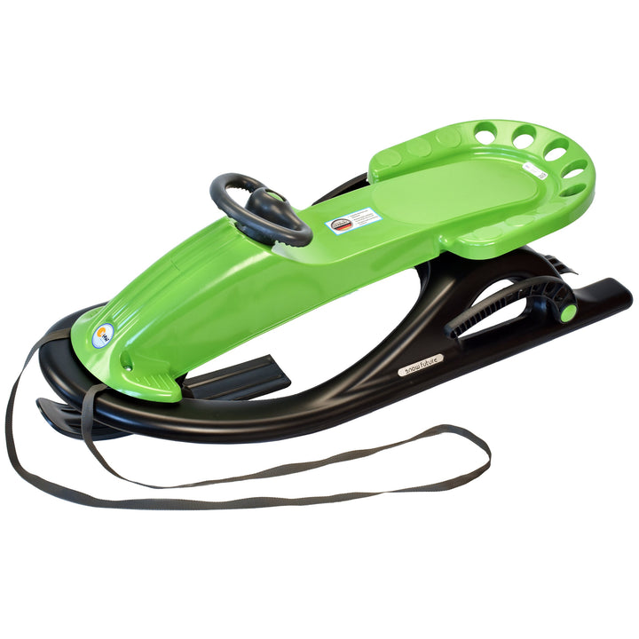 High speed snow sled made in germany with built in steering in green