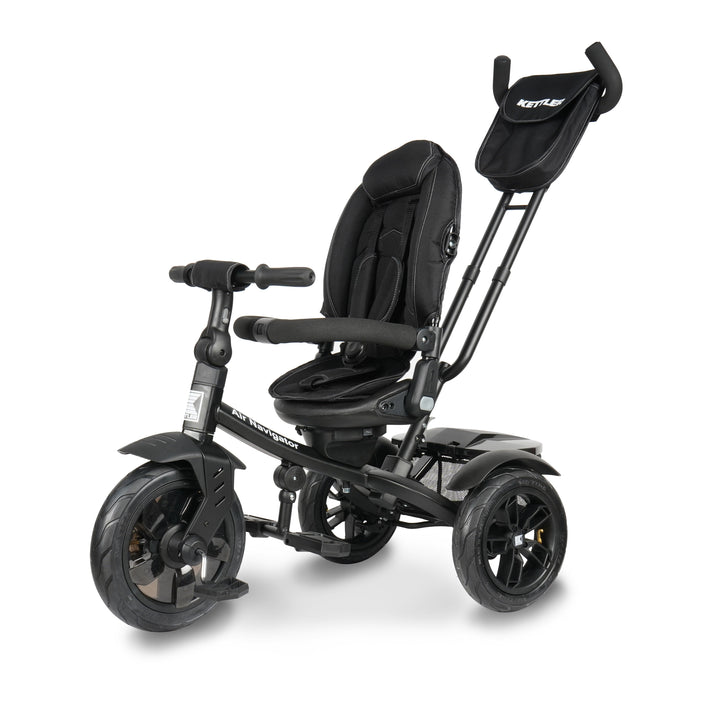 The KETTLER Air Navigator 6 in 1 Trike's function grows with your kids from 10 to 72 months. It features a rotating and reclining seat with a removable footrest and a 5-point safety harness to keep your little one safe.  You can put diapers or toys in the push bar bag and also large rear basket. The adjustable telescopic parent handle, foot brake and freewheeling function allow you to easily steer and control in the parent mode.